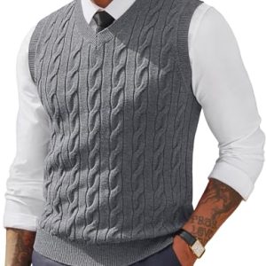Men's Sweater Vests V Neck Cable Twist Knit Sleeveless Vests Casual Pullover Sweater