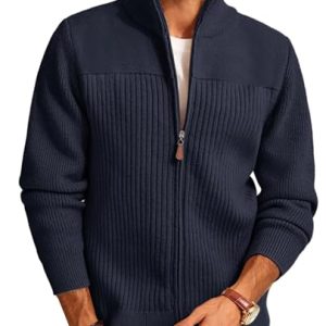 Men's Full Zipper Cardigan Casual Stand Collar Cardigan Sweater Ribbed Knit Long Sleeve Sweater