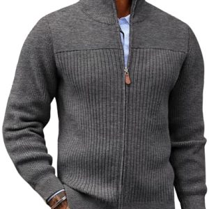Men's Full Zipper Cardigan Casual Stand Collar Cardigan Sweater Ribbed Knit Long Sleeve Sweater