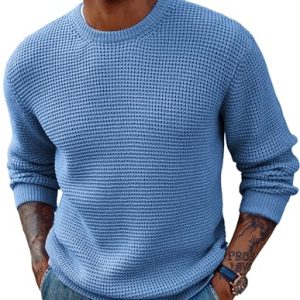 Mens Pullover Sweater Waffle Textured Long Sleeve Knitted Sweaters