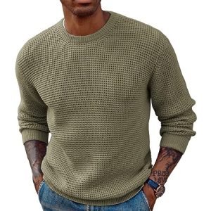 Mens Pullover Sweater Waffle Textured Long Sleeve Knitted Sweaters